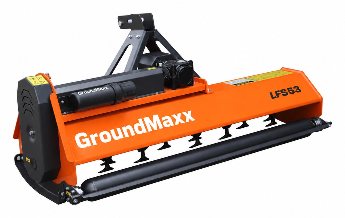 GroundMaxx LFS53 flail mower, close view of the PTO driveline and gearbox area