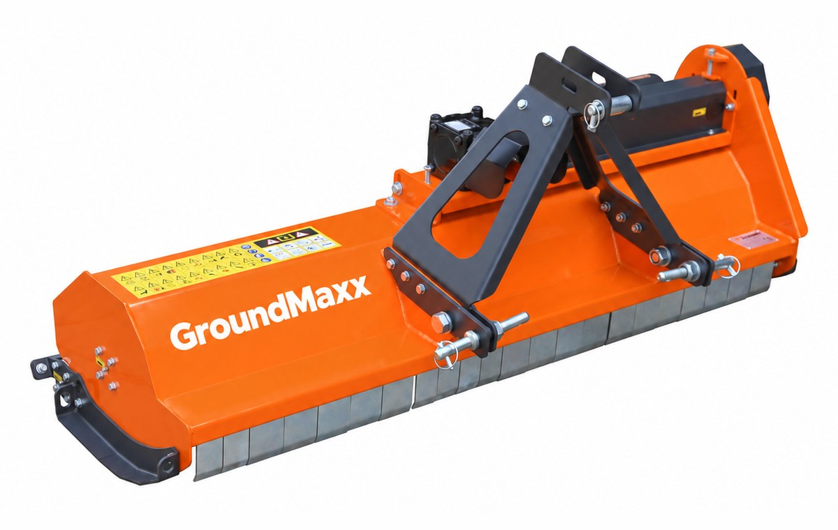 GroundMaxx LFS53 flail mower, front three-quarter view of the Category 1 top link and lower-link A-frame with the gearbox and safety-decal panel
