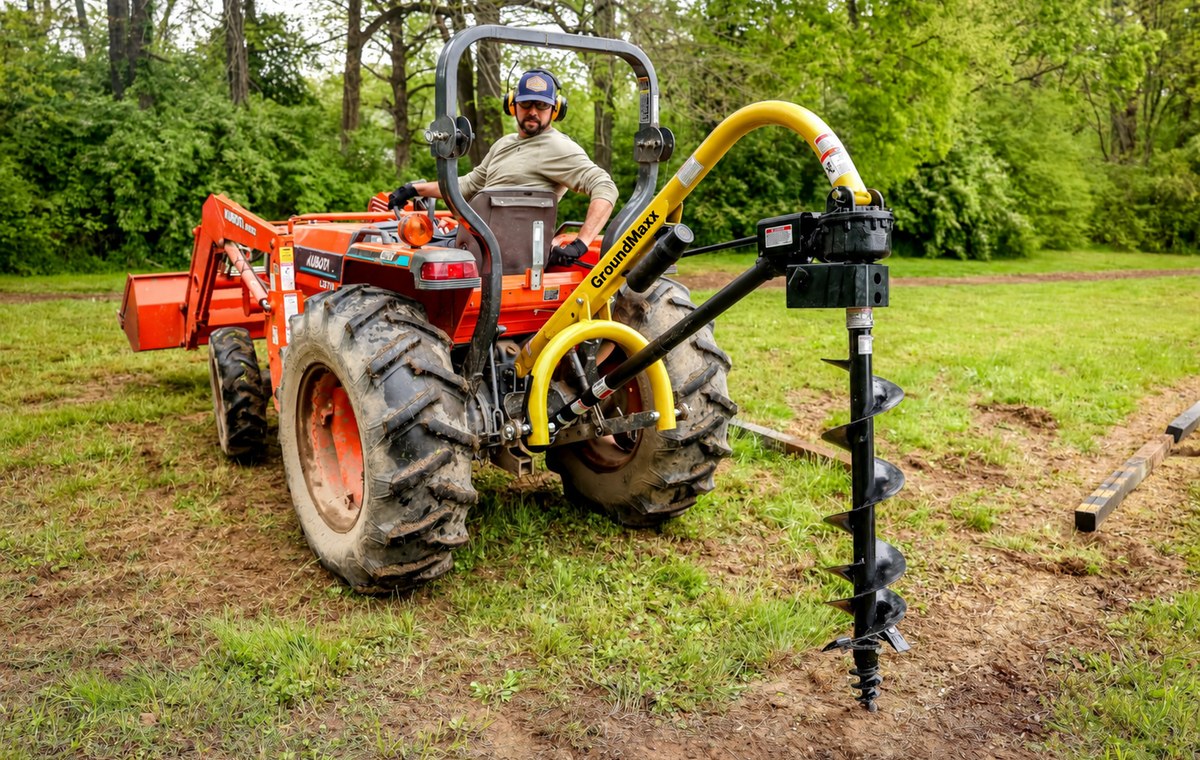 PHD18 mounted on the 3-point hitch of a compact tractor, boring a hole in an open field