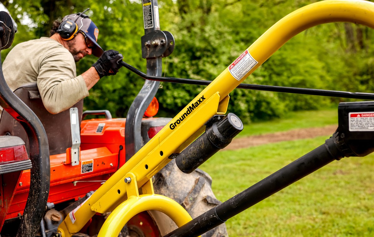 Close view of the gearbox and mast mounted on a tractor's 3-point hitch