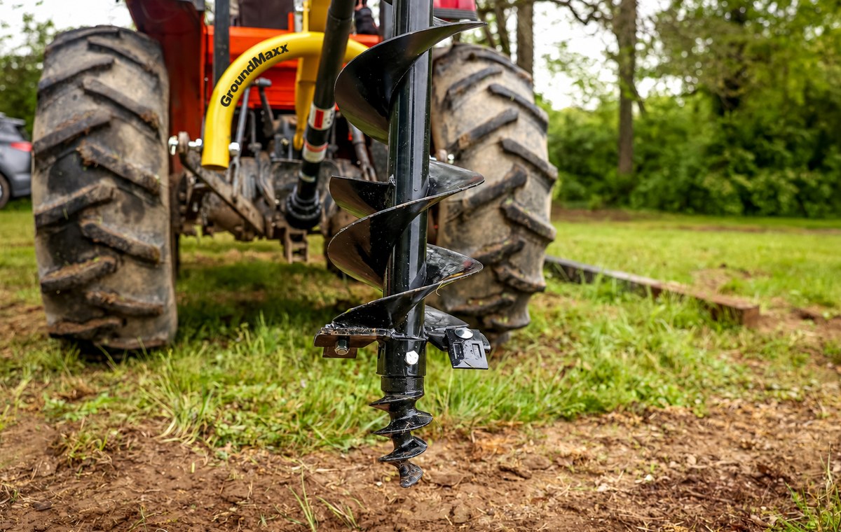 Auger bit turning into the ground -- auger sold separately, not included with the digger