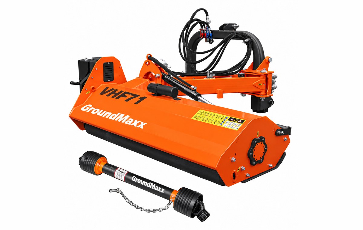 GroundMaxx VHF71 71″ Heavy-Duty Hydraulic Offset Flail Ditch Bank Mower — 71-inch hydraulic offset flail mower for verges, ditch banks and road shoulders -- swings out on a hydraulic arm while the tractor stays on flat ground.