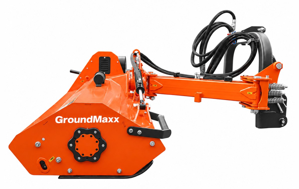 GroundMaxx VHF71 flail mower, close view of the cutting head end showing the PTO input gearbox and safety-decal panel