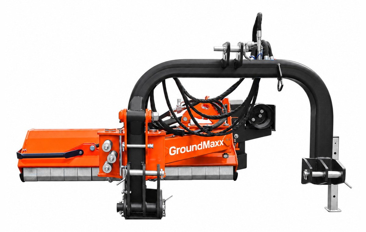 GroundMaxx VHF71 flail mower, full side profile with the hydraulic offset arm folded in for transport