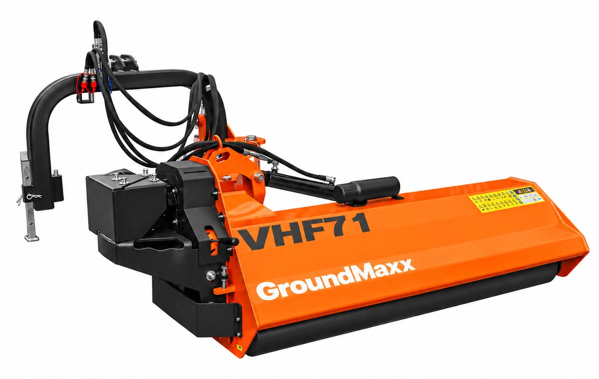GroundMaxx VHF71 flail mower, close view of the 3-point hitch pins, hydraulic hoses and offset-arm pivot, with the support jack lowered