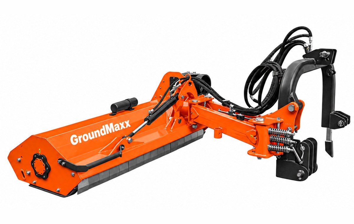 GroundMaxx VHF71 flail mower, rear three-quarter view of the cutting head housing with the offset arm extending back to the 3-point hitch