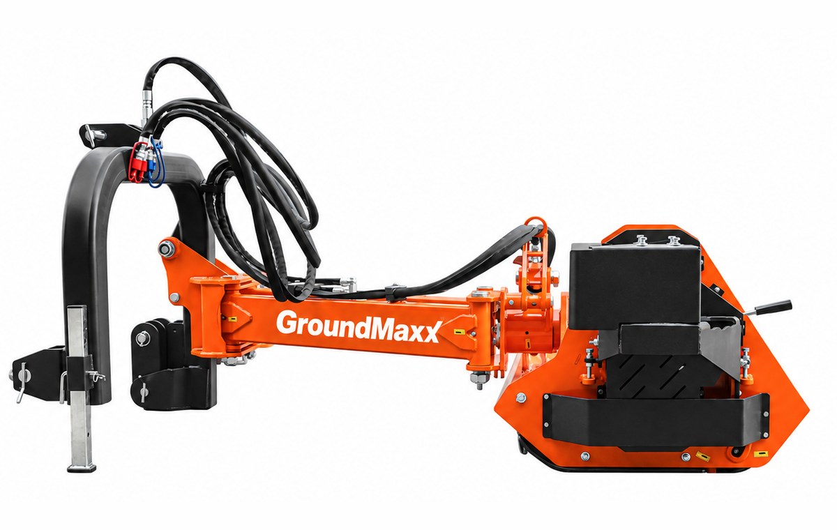 GroundMaxx VHF71 flail mower, full-length side profile showing the offset arm and hydraulic cylinder